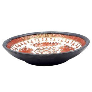 Vintage Japanese Pewter Encased Hand-Painted Floral Porcelain Bowl ACF Hong Kong